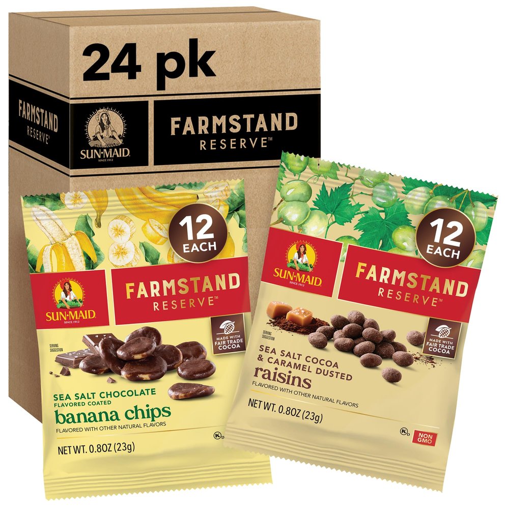 Sun-Maid Farmstand Reserve 24 Count Variety Pack - 0.8 oz Snack Bag  Sea Salt Cocoa & Caramel Dusted Raisins + Sea Salt Chocolate Coated Banana Chips (Amazon Exclusive)