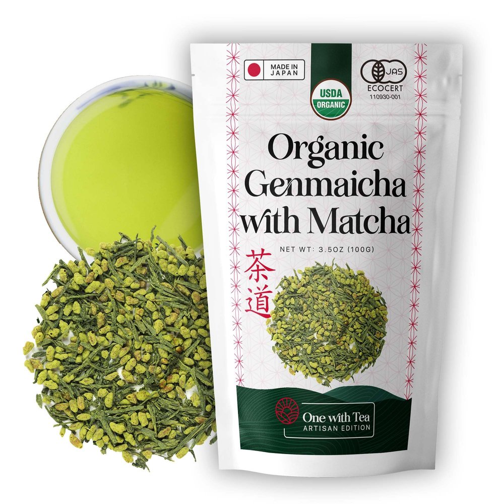 One With Tea Organic Japanese Genmaicha with Matcha Green Tea Loose Leaf  Premium Whole Leaf Sencha with Roasted Brown Rice & Matcha, USDA Organic, Rich & Smooth Flavor, Traditional Japanese Tea