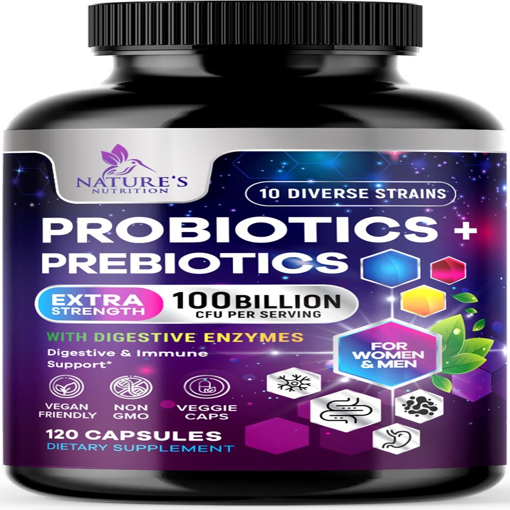 Probiotics 100 Billion CFU - 10 Probiotic Strains & Prebiotics - Digestive Gut Health, Immune Support & Occasional Constipation, Gas & Bloating - Daily Supplement For Women & Men - 120 Vegan Capsules