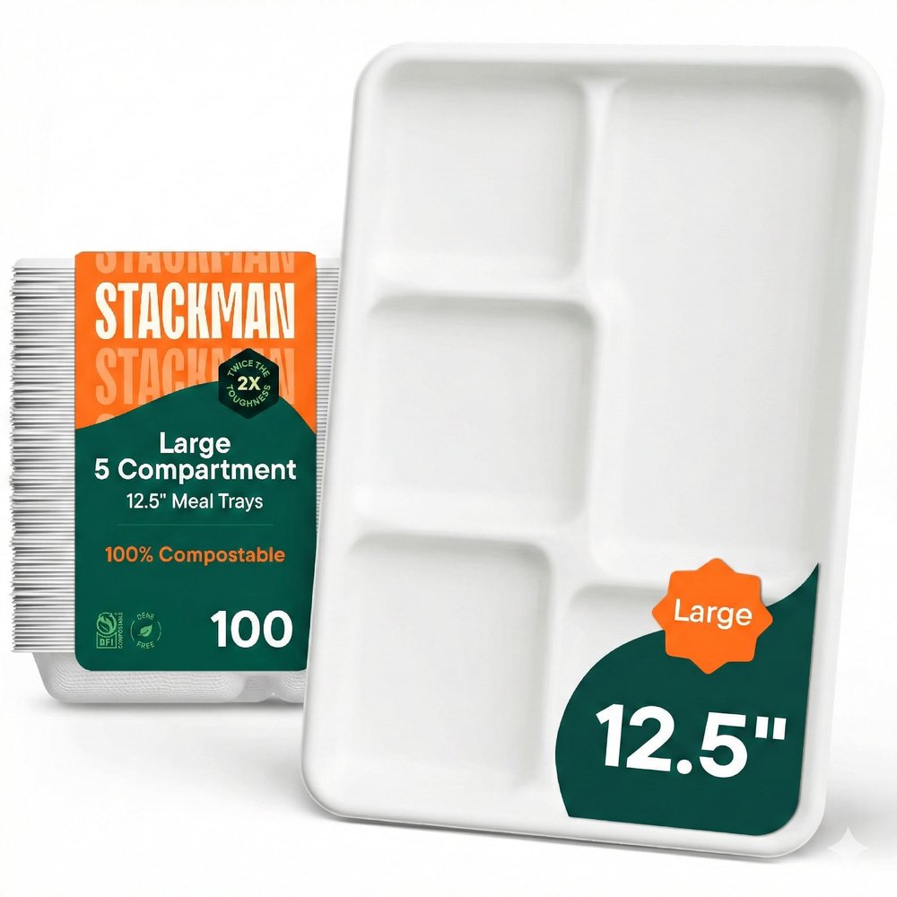 100% Compostable, Large 5 Compartment, Disposable Tray [100-Pack] - [12.5 Inch] Heavy Duty Biodegradable Bagasse Sectional Lunch Trays + Dividers - Divided Platter - (PFAS Free) (BPA Certified)
