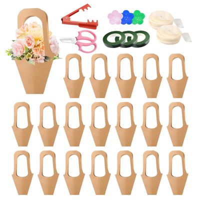 50 pc Kraft Paper Flower Bags with Handles Cones & Brown Bouquets - Shears, Thorn Remover, Floral Tape & Lace Ribbon (13.78Inches)