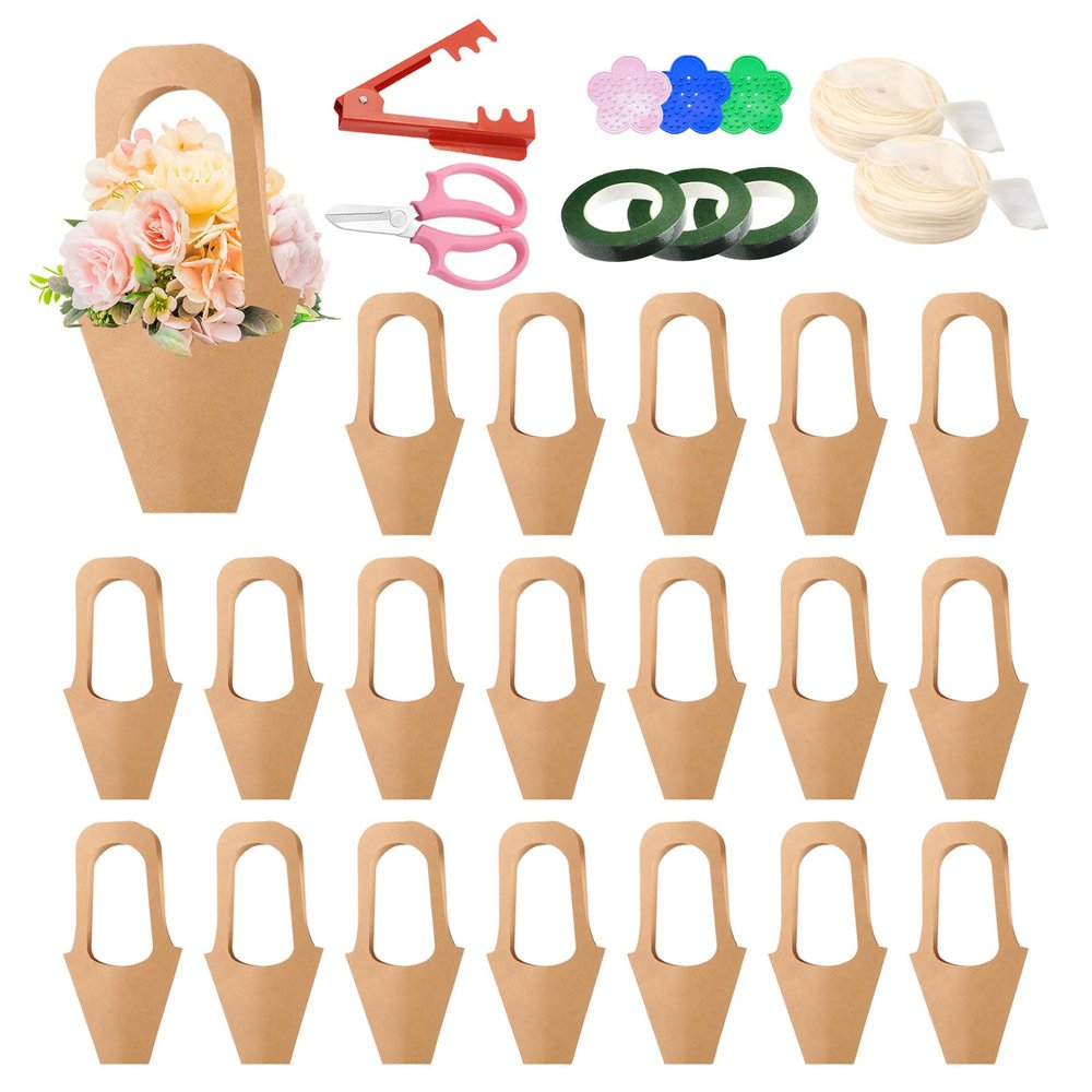 50 pc Kraft Paper Flower Bags with Handles Cones & Brown Bouquets - Shears, Thorn Remover, Floral Tape & Lace Ribbon (13.78Inches)