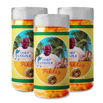 Chef Creole Pikliz Traditional Haitian Pickled Vegetable Condiment - Authentic Creole Flavor with Cabbage, Carrots, Hot Scotch Bonnet Peppers & Spices - Fat-Free, Vegan, Non-GMO (3 pack, 16oz each)