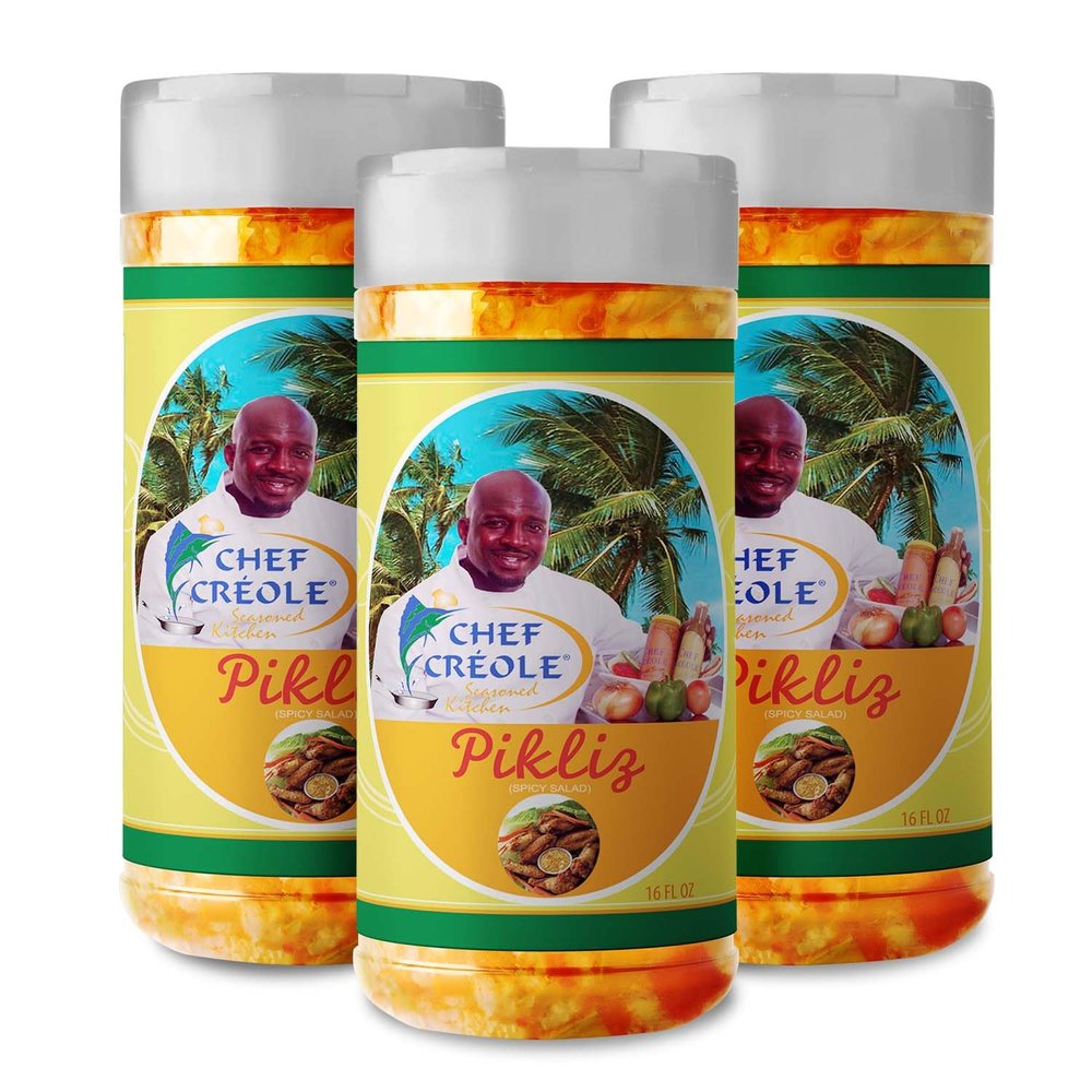 Chef Creole Pikliz Traditional Haitian Pickled Vegetable Condiment - Authentic Creole Flavor with Cabbage, Carrots, Hot Scotch Bonnet Peppers & Spices - Fat-Free, Vegan, Non-GMO (3 pack, 16oz each)