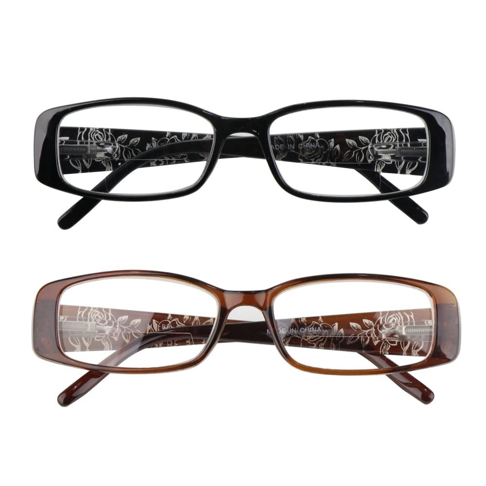 Hyyiyun 2 Pairs Rectangular Bifocal Reading Glasses for Women,Designer Laser Flower Frame Reader Glasses With Spring Hinge (1 Black & 1 Brown, 2.75, x)