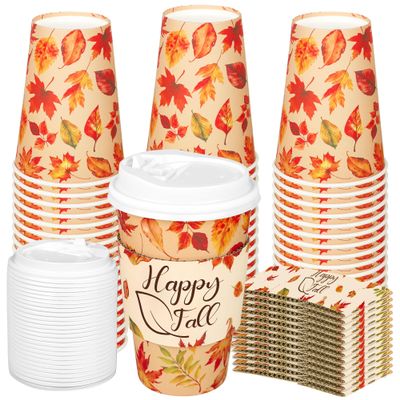 50Pcs Fall Disposable Coffee Cups 16oz Maple Leaf To Go Paper Cups with Lids and Sleeves Thanksgiving Beverage Drinking Cups for Autumn Hot Cold Drinks Harvest Thanksgiving Party Dinner Supplies