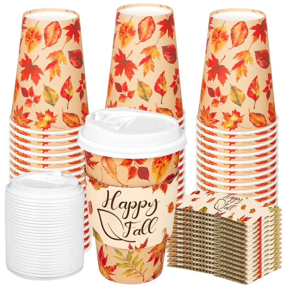 50Pcs Fall Disposable Coffee Cups 16oz Maple Leaf To Go Paper Cups with Lids and Sleeves Thanksgiving Beverage Drinking Cups for Autumn Hot Cold Drinks Harvest Thanksgiving Party Dinner Supplies