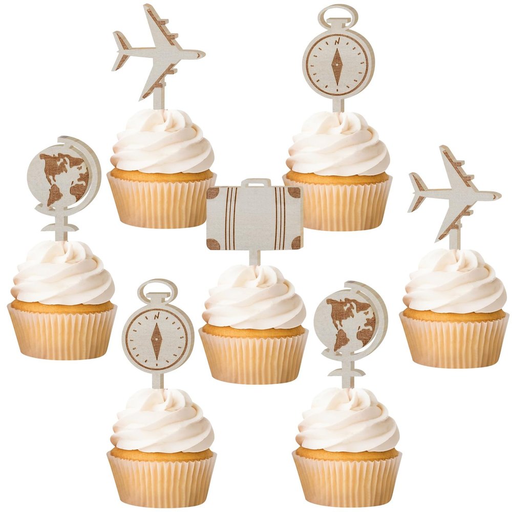 Sursurprise 16PCS Travel Theme Cupcake Toppers Wooden Airplane Suitcase Cake Toppers for Travel Adventure Party Decorations Birthday Baby Shower Supplies