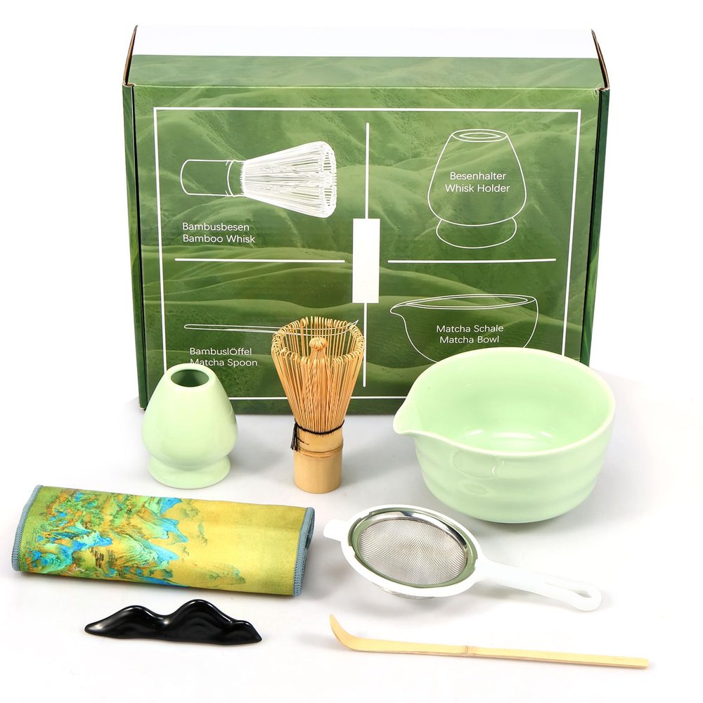 Muyoka 7 Pieces Japanese Matcha Tea Set, Matcha Making Starter Kit with Matcha Whisk and Ceramic Bowl for Matcha Tea (Green)