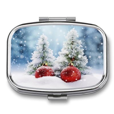LFDSEPYM Pill Box Portable Pill Case for Pocket Xmas Tree Balls Snow Travel Small Pill Organizer 2 Compartment Metal Pill Container Holder for Medicine Vitamins Fish Oil Supplements