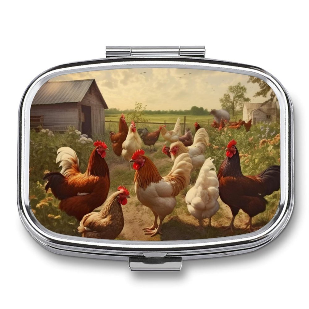 LFDSEPYM Pill Box Portable Pill Case for Pocket Chickens and Farm Travel Small Pill Organizer 2 Compartment Metal Pill Container Holder for Medicine Vitamins Fish Oil Supplements