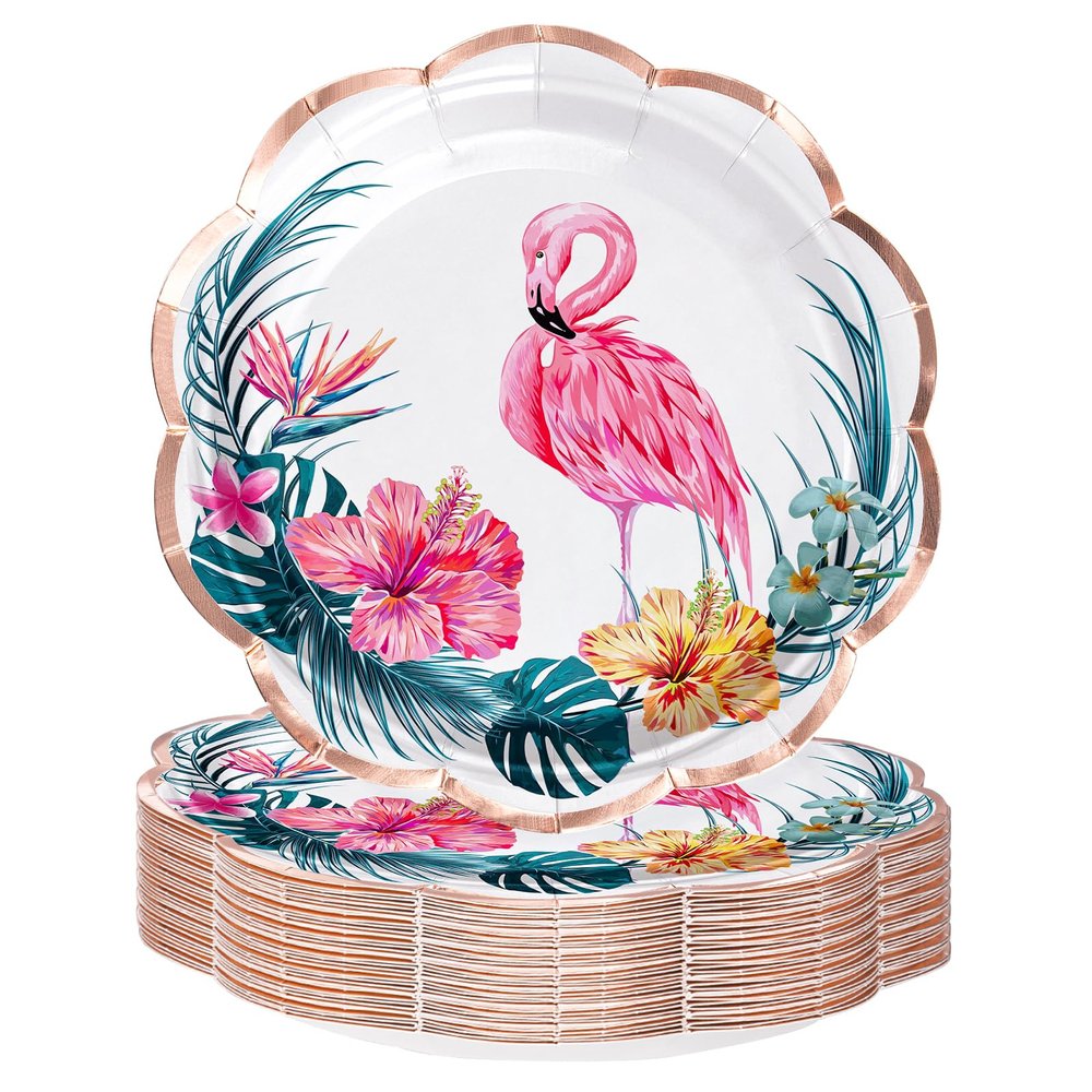 WRAPAHOLIC 25Pcs Summer Paper Plates - 7 Inch Pink Flamingo Disposable Plates Decorative Dinner Plates for Party Tableware Supplies Table Decor