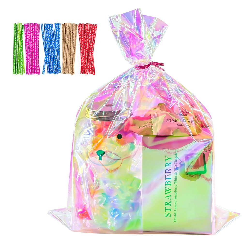 Cherodada 9x12 Inch Iridescent Cellophane Bags, with Twist Ties, Treat Bags for Candy Cookie Goodie Chocolates, And Popcorn