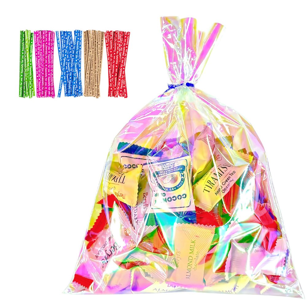 Cherodada 8x11 Inch Iridescent Cellophane Bags, with Twist Ties, Treat Bags for Candy Cookie Goodie Chocolates, And Popcorn