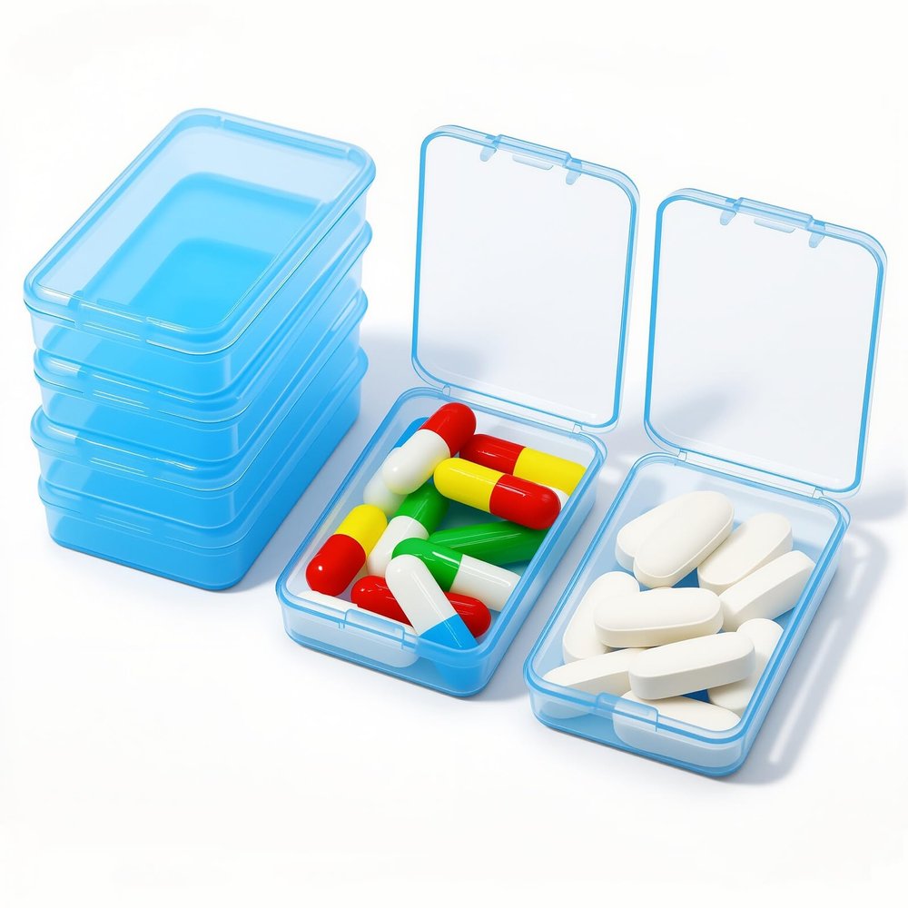6 PCS Small Pill Box, Tiny Pill Case,Mini Clear Plastic Storage Containers Cute Travel Pill Organizer Case Portable for Pocket Purse Briefcase (Blue)
