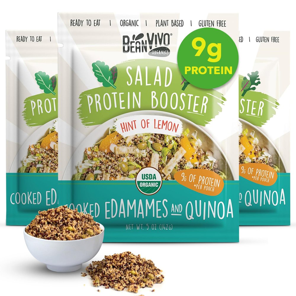 BeanVIVO 3-Pack Salad Protein Booster - Organic cooked Edamame & Quinoa Hint of lemon delivering a burst of taste and 9g of protein-packed goodness in every pouch 5oz