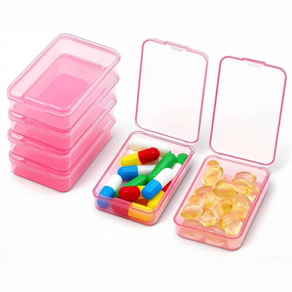6 PCS Small Pill Box, Tiny Pill Case,Mini Clear Plastic Storage Containers Cute Travel Pill Organizer Case Portable for Pocket Purse Briefcase (Pink)