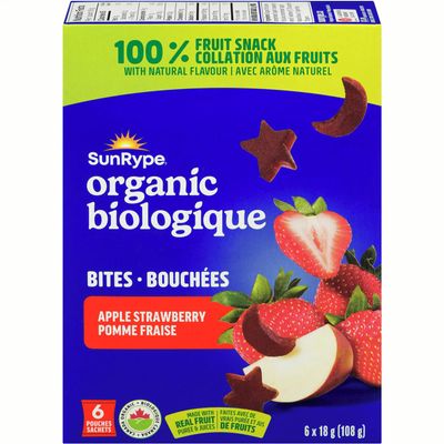 Sun-Rype Products Ltd. SunRype Organic 100% Fruit Bites, Apple Strawberry Flavor, 6 x 18g Pouches, 108g/3.8 oz. Box