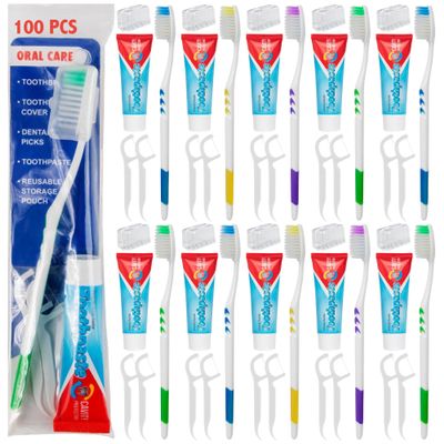 100 Bulk Toothbrushes Individually Wrapped with Toothpaste, Covers, Picks | Soft Disposable Toothbrushes with Toothpaste Built in Individually Wrapped Oral Hygiene Kits for Travel, Homeless Bulk
