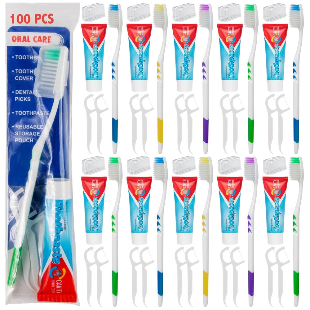 100 Bulk Toothbrushes Individually Wrapped with Toothpaste, Covers, Picks | Soft Disposable Toothbrushes with Toothpaste Built in Individually Wrapped Oral Hygiene Kits for Travel, Homeless Bulk