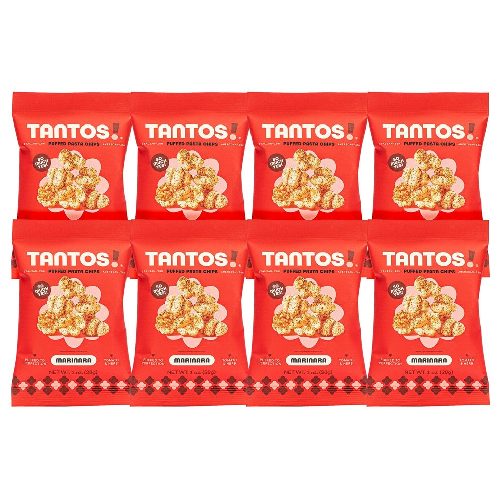 Tantos! Puffed Pasta Chips, Healthy Pasta Snack by Top Chef Joe Sasto, As Seen on Shark Tank, Plant Based, Low Calorie, Crunchy Chips, Variety Pack, Marinara, Pesto, Cacio e Pepe, Classico, Gourmet Bold Flavors, 1 oz 8 Pack of Marinara