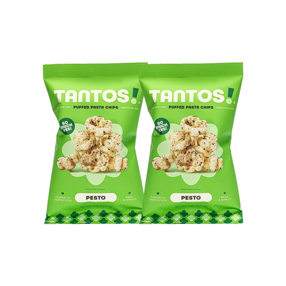 Tantos! Puffed Pasta Chips, Healthy Pasta Snack by Top Chef Joe Sasto, As Seen on Shark Tank, Plant Based, Low Calorie, Crunchy Chips, Variety Pack, Marinara, Pesto, Cacio e Pepe, Classico, Gourmet Bold Flavors, 4 oz 2 Pack of Pesto
