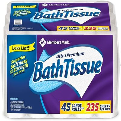BLUE RIBBON Ultra Premium Soft & Strong Bath Tissue 2-Ply Large Roll Toilet Paper, 235 Sheets, 45 Rolls (Pack of 1), White
