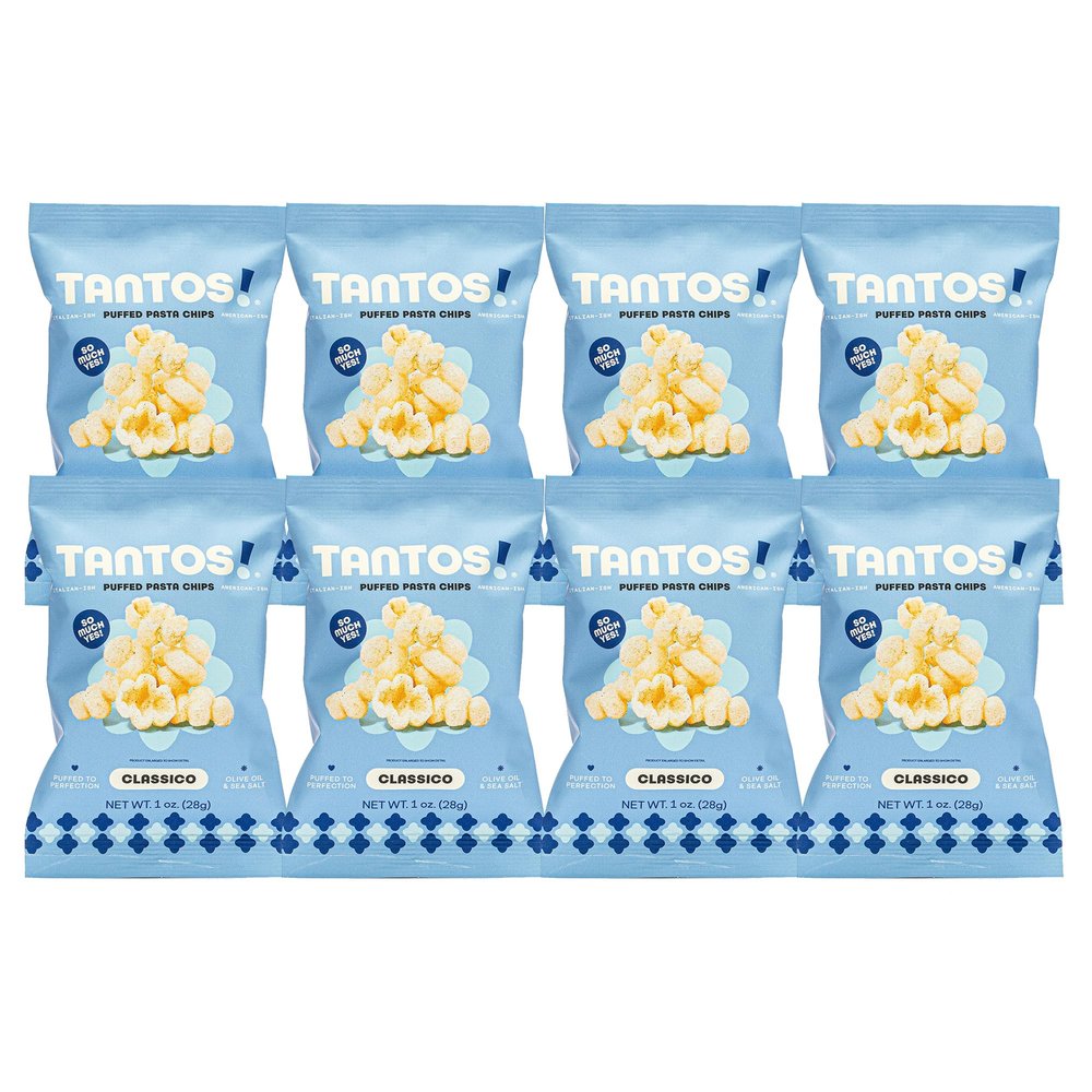 Tantos! Puffed Pasta Chips, Healthy Pasta Snack by Top Chef Joe Sasto, As Seen on Shark Tank, Plant Based, Low Calorie, Crunchy Chips, Variety Pack, Marinara, Pesto, Cacio e Pepe, Classico, Gourmet Bold Flavors, 1 oz 8 Pack of Classico