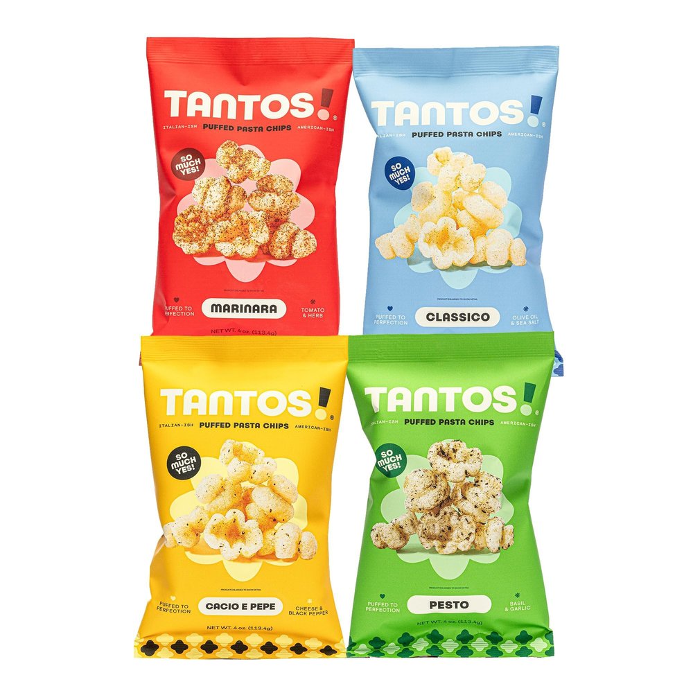 Tantos! Puffed Pasta Chips  Healthy Pasta Snack by Top Chef Joe Sasto  Plant-Based, Low Calorie, Crunchy Chips  Variety Pack  Marinara, Pesto, Cacio e Pepe, Classico  Gourmet Bold Flavors  (4oz-4 Pack (1 of Each Flavor), Variety)
