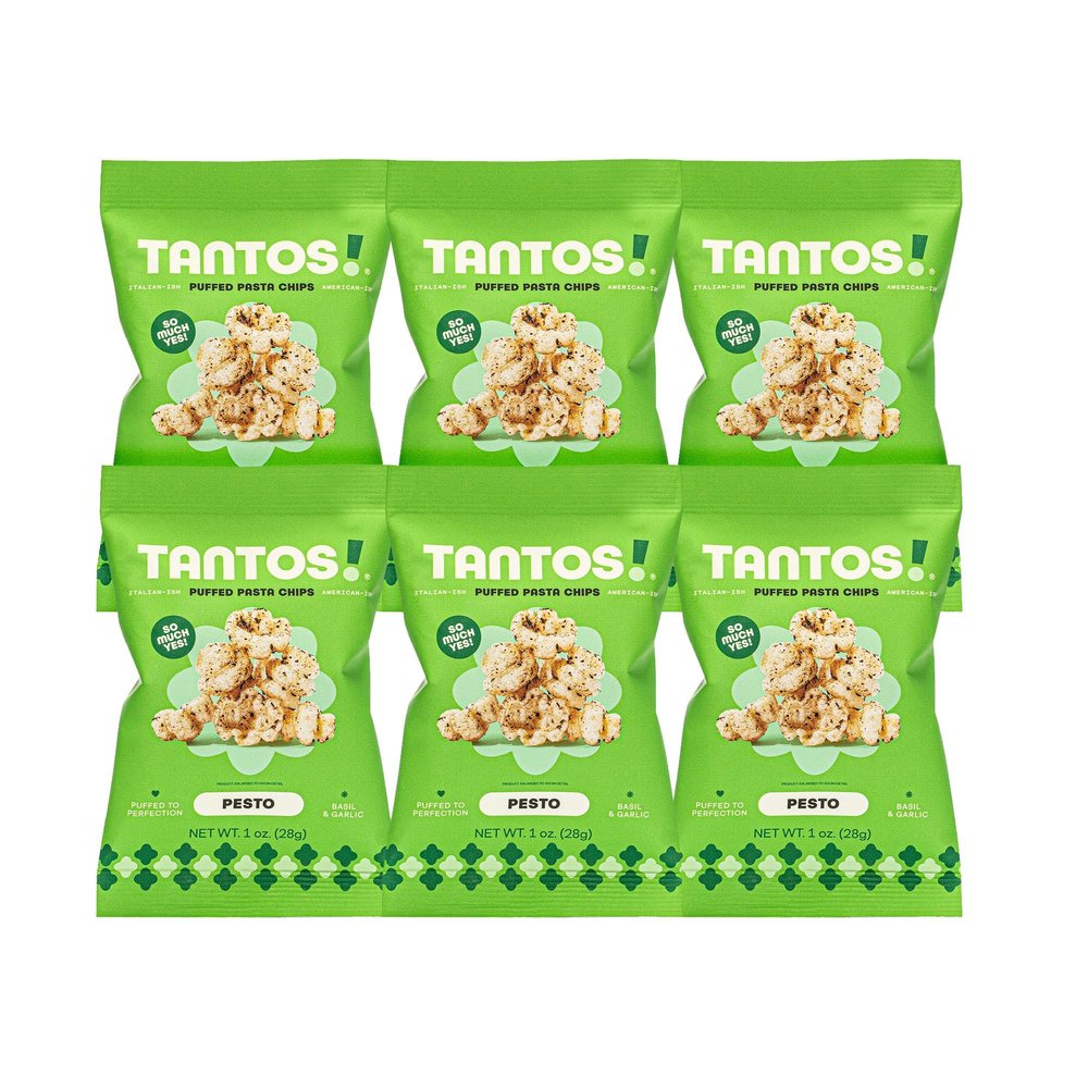Tantos! Puffed Pasta Chips, Healthy Pasta Snack by Top Chef Joe Sasto, As Seen on Shark Tank, Plant Based, Low Calorie, Crunchy Chips, Variety Pack, Marinara, Pesto, Cacio e Pepe, Classico, Gourmet Bold Flavors, 1 oz 6 Pack of Pesto
