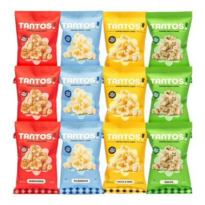 Tantos! Puffed Pasta Chips, Healthy Pasta Snack by Top Chef Joe Sasto, As Seen on Shark Tank, Plant Based, Low Calorie, Crunchy Chips, Variety Pack, Marinara, Pesto, Cacio e Pepe, Classico, Gourmet Bold Flavors, 4oz 12 Pack 3 of Each Flavor, Variety