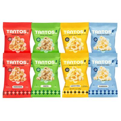 Tantos! Puffed Pasta Chips  Healthy Pasta Snack by Top Chef Joe Sasto  Plant-Based, Low Calorie, Crunchy Chips  Variety Pack  Marinara, Pesto, Cacio e Pepe, Classico  Gourmet Bold Flavors  (1oz-8 Pack (2 of Each Flavor), Variety)