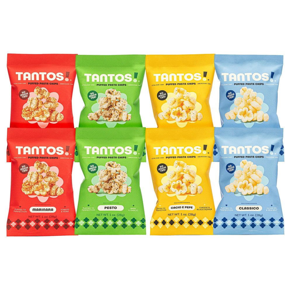 Tantos! Puffed Pasta Chips  Healthy Pasta Snack by Top Chef Joe Sasto  Plant-Based, Low Calorie, Crunchy Chips  Variety Pack  Marinara, Pesto, Cacio e Pepe, Classico  Gourmet Bold Flavors  (1oz-8 Pack (2 of Each Flavor), Variety)