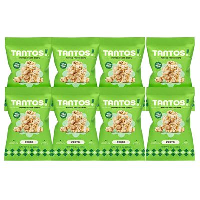 Tantos! Puffed Pasta Chips, Healthy Pasta Snack by Top Chef Joe Sasto, As Seen on Shark Tank, Plant Based, Low Calorie, Crunchy Chips, Variety Pack, Marinara, Pesto, Cacio e Pepe, Classico, Gourmet Bold Flavors, 1 oz 8 Pack of Pesto