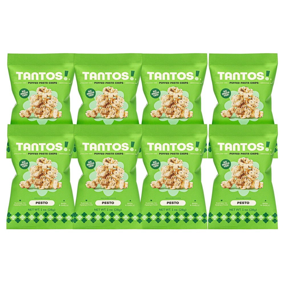Tantos! Puffed Pasta Chips, Healthy Pasta Snack by Top Chef Joe Sasto, As Seen on Shark Tank, Plant Based, Low Calorie, Crunchy Chips, Variety Pack, Marinara, Pesto, Cacio e Pepe, Classico, Gourmet Bold Flavors, 1 oz 8 Pack of Pesto