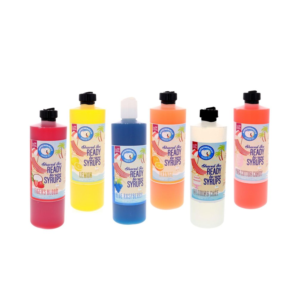 Hypothermias Shaved Ice & Snow Cone Syrup Variety Pack - 6 Pints (16 Fl. Oz.) - Tiger's Blood, Blue Raspberry, Lemon, Orange, Wedding Cake & Pink Cotton Candy - Non-GMO 100% Pure Cane Sugar