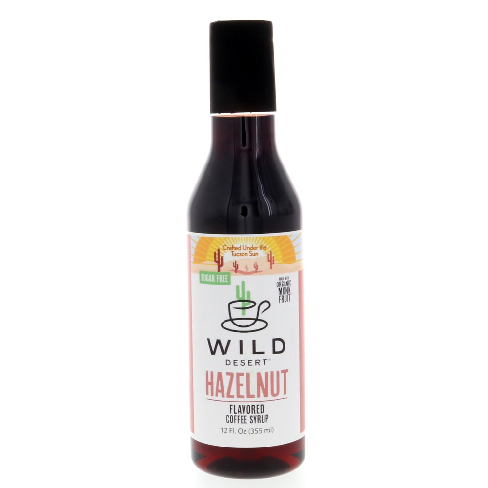 Wild Desert Sugar Free Coffee Syrup - 12 Fl Oz - Made with Organic Monk Fruit & Non-GMO Organic Erythritol - Recyclable BPA- Free Plastic Bottle with Pour Top (12 Fl Oz, Hazelnut)