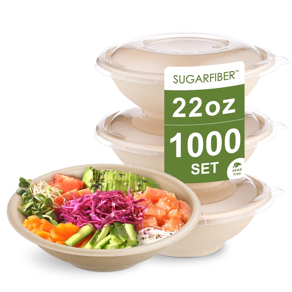 [1000 SET]Harvest Pack 22oz Round Compostable Bowls PFAS Free with PLA coating with PET Lid, Paper Heavy-Duty Eco-Friendly Disposable Bagasse Sugarcane Bowl for Meal Prep