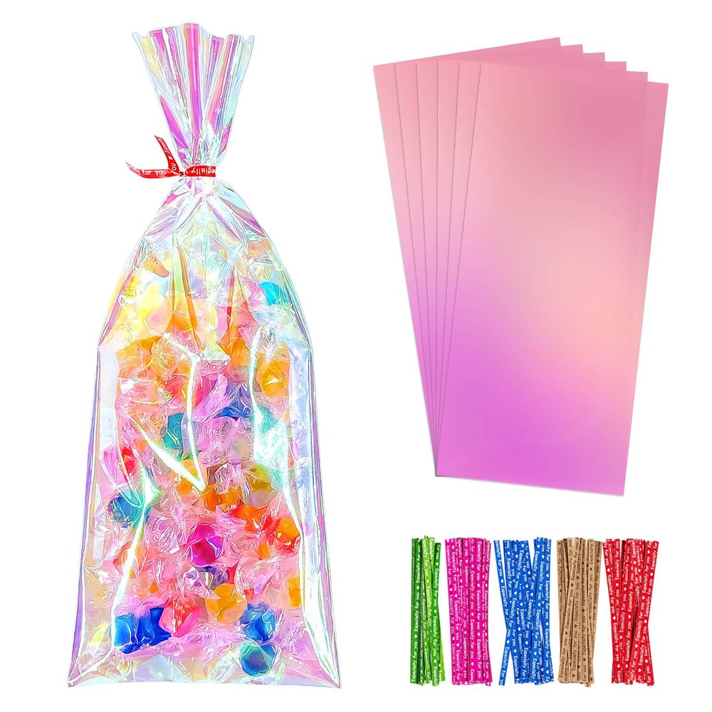 Cherodada 4x10 Inch Iridescent Cellophane Bags, with Twist Ties, Treat Bags for Candy Cookie Goodie Chocolates, And Popcorn
