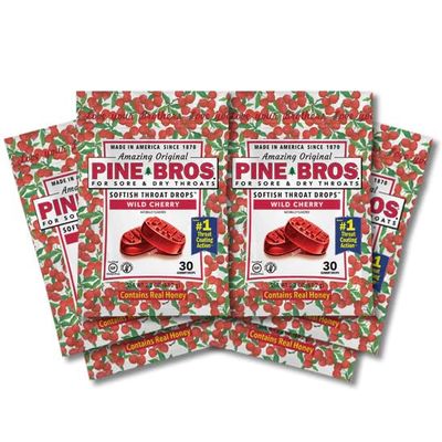 Pine Bros. Wild Cherry Throat Lozenges for Throat Comfort, Softish Drops, Approx 30 Drops, 24 Bags
