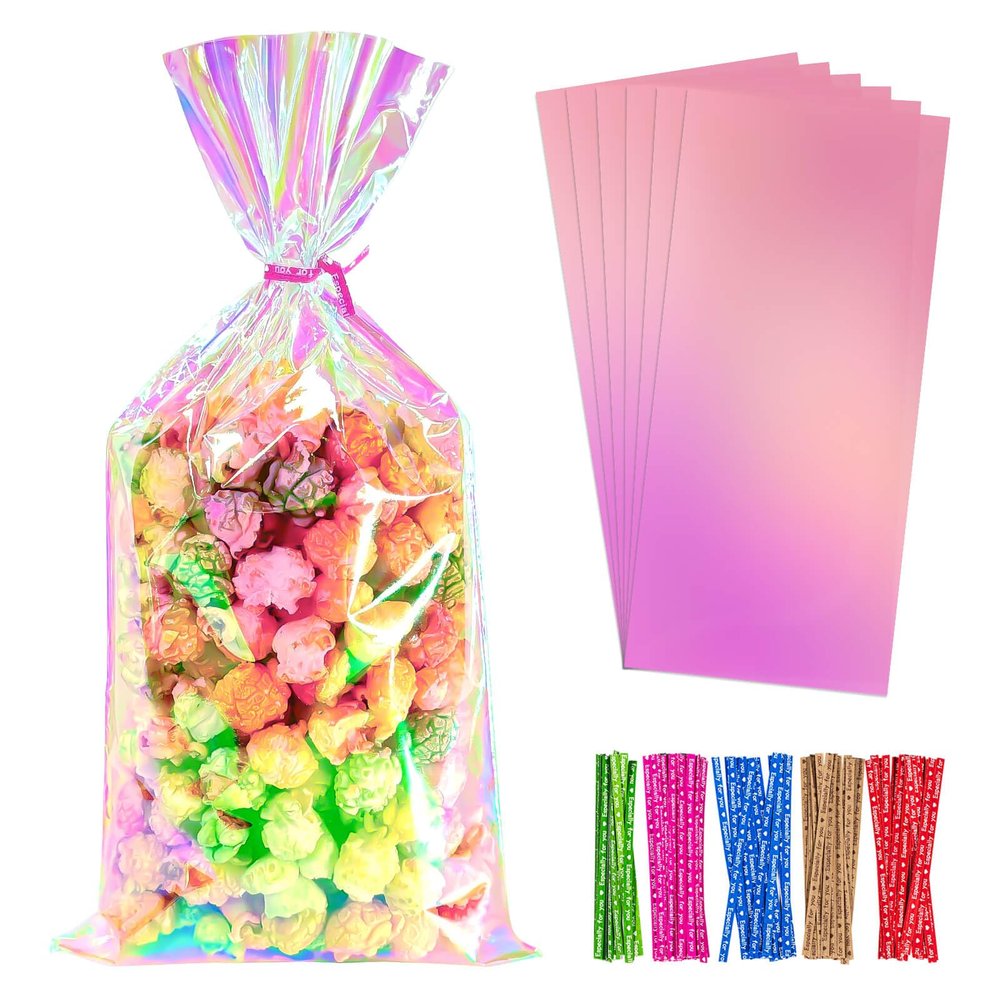 Cherodada 6x12 Inch Iridescent Cellophane Bags, with Twist Ties, Treat Bags for Candy Cookie Goodie Chocolates, And Popcorn