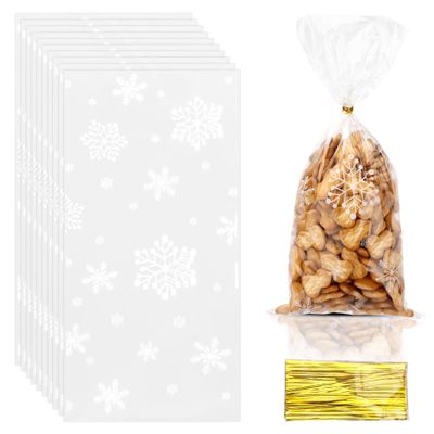 Christmas Cellophane Gift & Treat Bags - 100 Clear Snowflake Cookie Candy Bags with Twist Ties for Xmas Winter Holiday Party Favor Goody Supplies