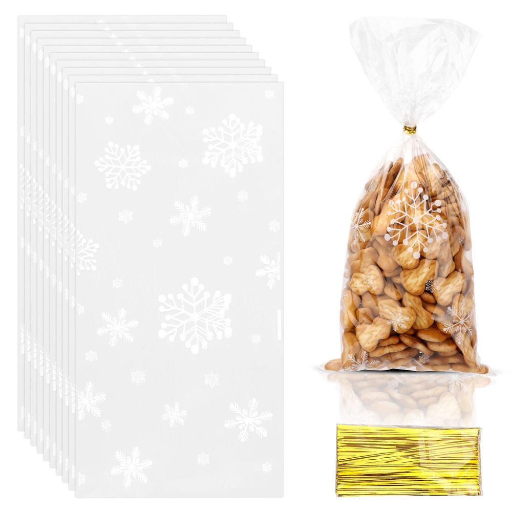 Christmas Cellophane Gift & Treat Bags - 100 Clear Snowflake Cookie Candy Bags with Twist Ties for Xmas Winter Holiday Party Favor Goody Supplies