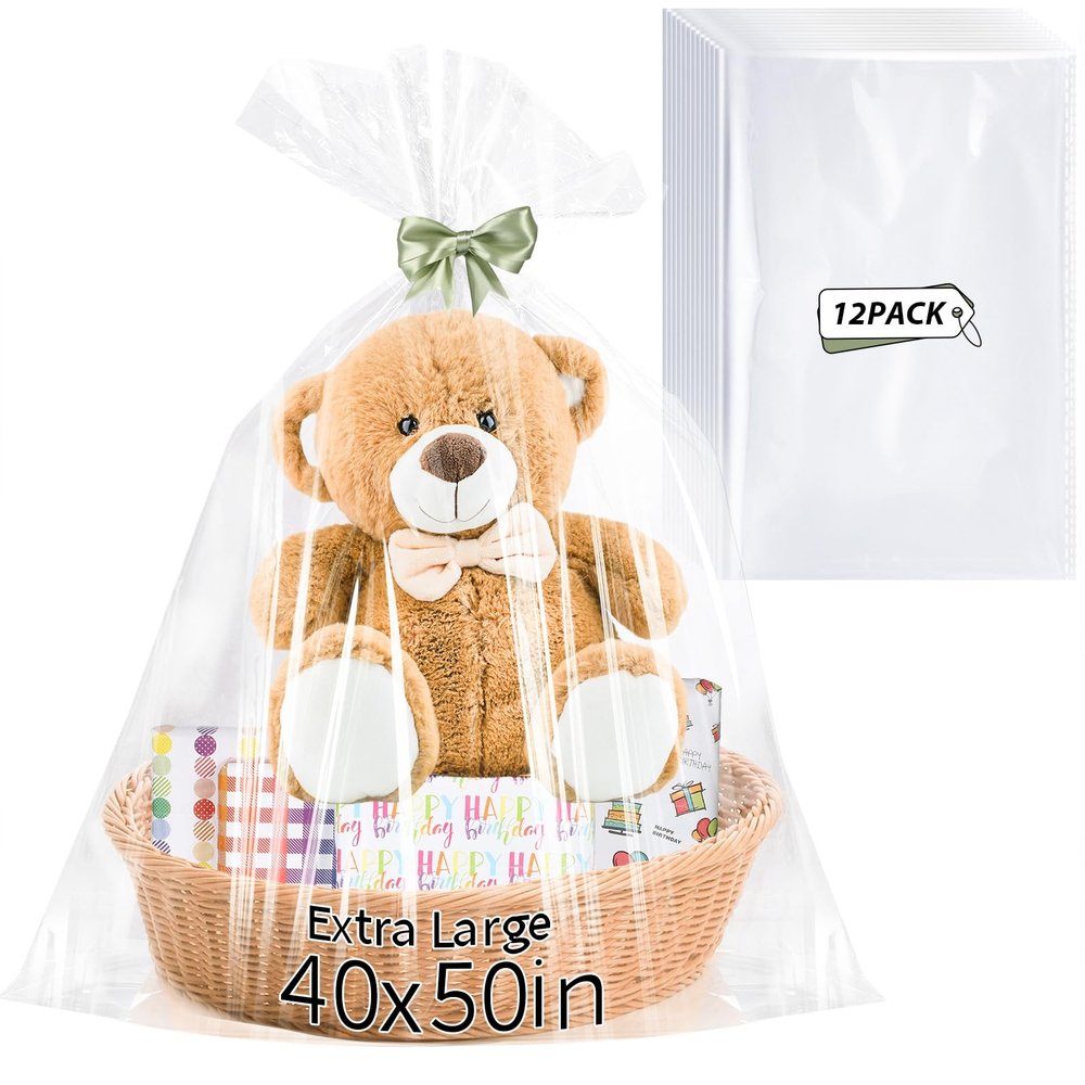 12PCS Extra Large Cellophane Bags 40x50 Inch Easter Clear Gift Bags Cellophane Wrap for Easter Gift Baskets Stuffers Baby Shower Wedding Beach Party favor Birthday 2.5 Mil Thick