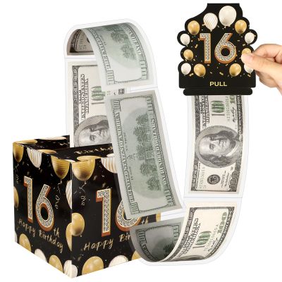 16th Birthday Money Box for Cash Gift Pull, Surprise Birthday Gift Box with 100 Pcs Transparent Bags for Birthday Gift Party Decorations Supplies, Gold and Black