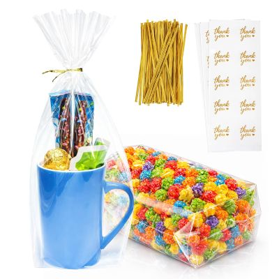 Cherodada 7"x 12", 100Pcs Bottom Gusset Bags, with Twist Ties and Thank You Sticker for Gift Wrapping, Wrapping Candies, Cookies, Chocolates, Popcorn
