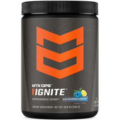 MTN OPS Ignite Energy Drink Powder, Gluten Free Nootropic Supplement Drink Mix, L Arginine, L Citrulline, Caffeine & Nootropic Sugar Free Drink Mix, 45 Servings, Blue Raspberry Lemonade