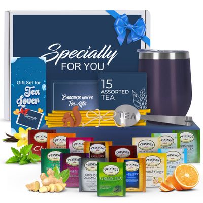 Tea Gifts for Women  Sampler Gift Basket with 15 Unique Blends, Honey Sticks, Stainless Tumbler & Gift-Ready Box (Blue/Blue box)