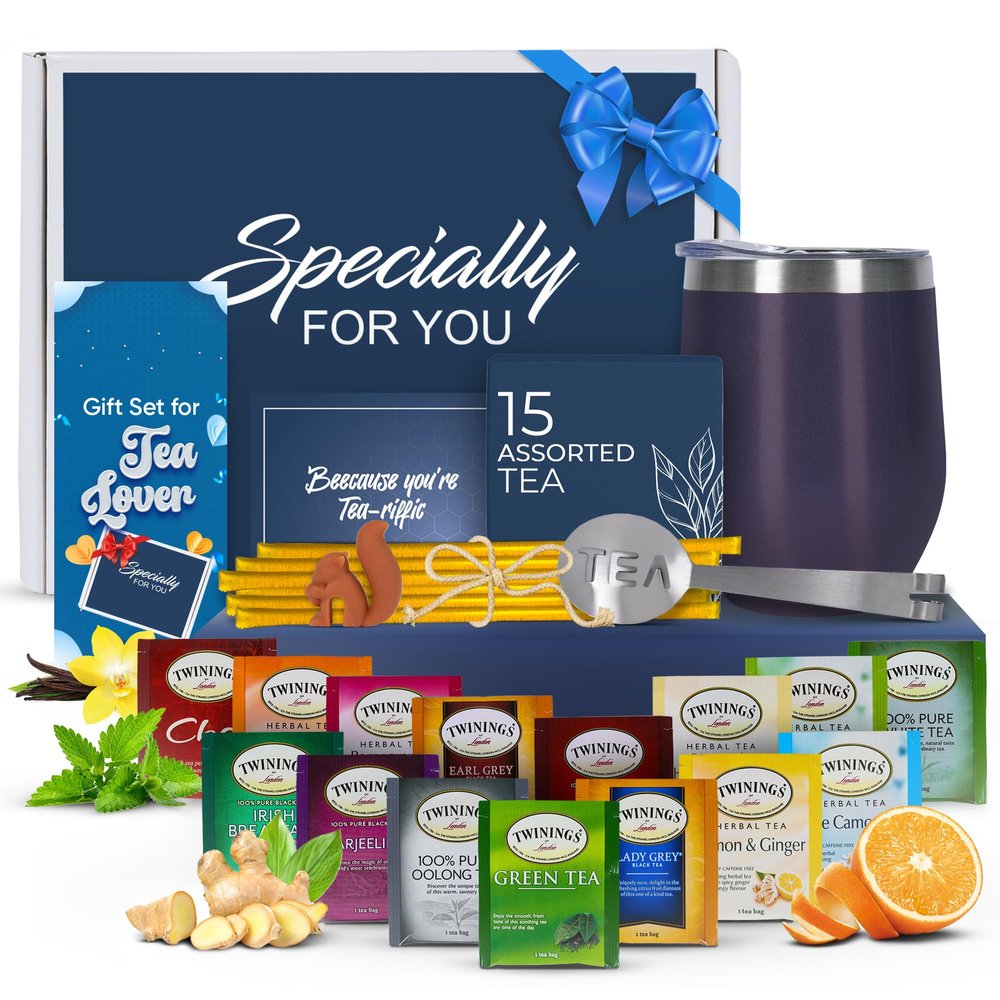 Tea Gifts for Women  Sampler Gift Basket with 15 Unique Blends, Honey Sticks, Stainless Tumbler & Gift-Ready Box (Blue/Blue box)