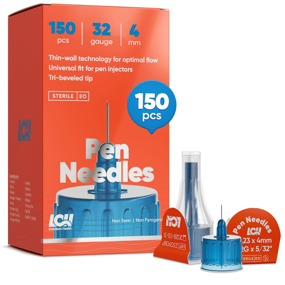 (150 Ct) LivaClean Health Pen Needles for Insulin - 32G x 4mm (5/32"), Universal Fit for Most Pen Injectors, Diabetic Needles, Individually Packaged, Safe and Convenient Use